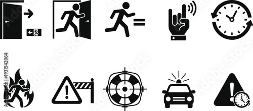 Emergency evacuation and safety icons set, exit door fire alarm police alert warning symbols black pictogram collection
