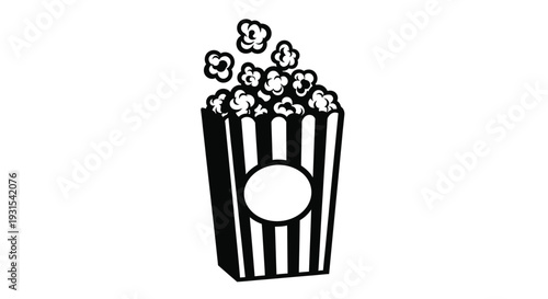 Black and white illustration of a popcorn bucket overflowing with popped corn