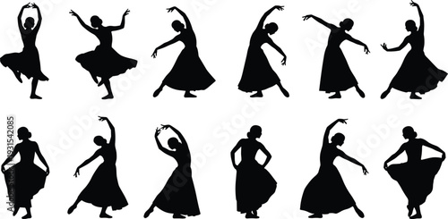 Flamenco dancer silhouettes set, Spanish traditional dance female poses black vector illustration collectionvv