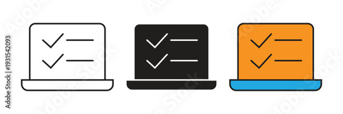 Laptop Checklist icon. Laptop screen icon showing checklist tasks for digital evaluation, project management, and online survey concept.