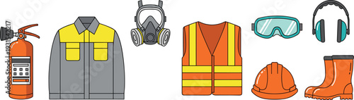 Personal protective equipment set illustration, safety vest helmet respirator goggles boots fire extinguisher industrial gear collection