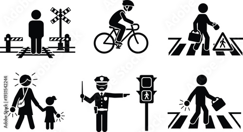 Pedestrian safety and traffic control icons, railway crossing cyclist crosswalk police officer and warning road sign set