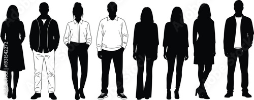 Black silhouette group of eleven diverse people standing in row, mixed men women casual modern outfits, young adult fashion poses vector illustration