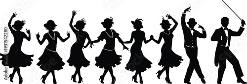Vintage jazz dancers silhouette set, retro party flapper Charleston swing dance vector illustration collection