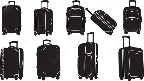 Collection of black suitcases and luggage on white background