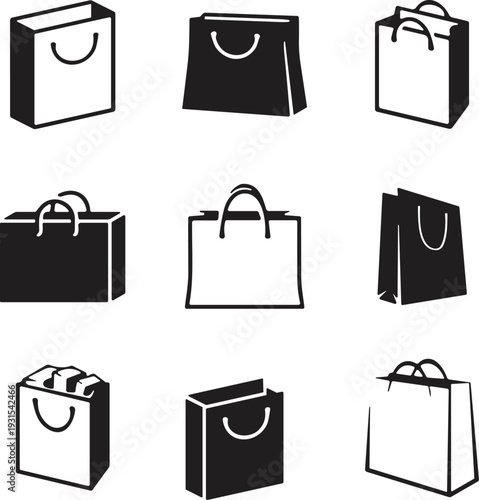 Shopping bag icons, retail vector, store clipart, fashion design, tote silhouette, packaging graphic, commerce illustration, market symbol, consumer art, shop logo