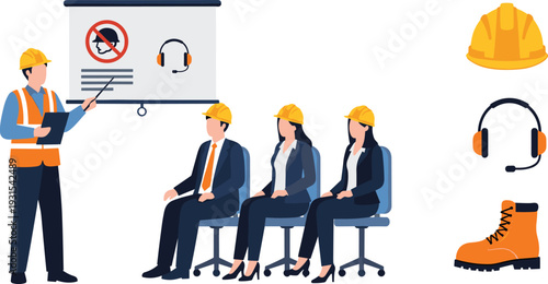 Workplace safety training seminar illustration, construction instructor presenting PPE guidelines to employees with hard hat headset and boots