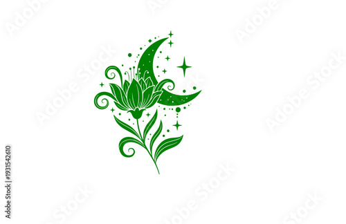 Mystical Wildflower and Crescent Moon Silhouette, Celestial Nature Boho Vector Sticker, Dreamy Botanical Graphic