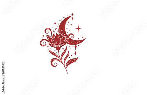 Mystical Wildflower and Crescent Moon Silhouette, Celestial Nature Boho Vector Sticker, Dreamy Botanical Graphic