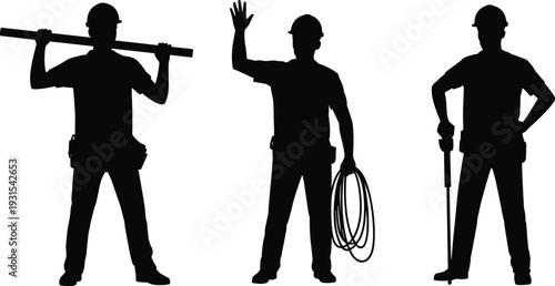 Construction worker silhouettes with tools and safety helmets, industrial laborers holding pipe cable and drill isolated on white background vector illustration