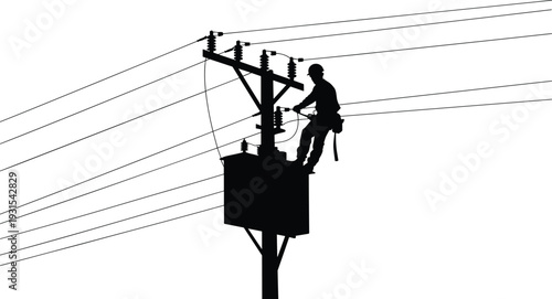 Electric lineman repairing power lines on utility pole transformer, silhouette of electrical worker performing high voltage maintenance isolated on white background