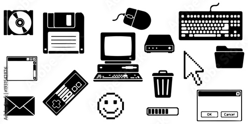Big set of retro technology and vintage computer silhouettes, 90s tech icons including pc, floppy disk, keyboard, gamepad, and pixel elements isolated