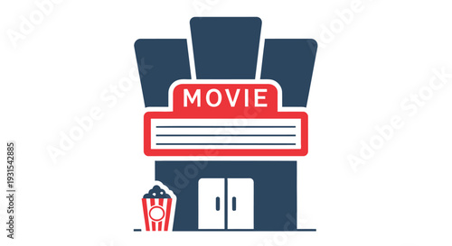 Minimalist icon depicting a movie theater facade with popcorn nearby