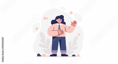 Cheerful person in business attire waving hello with a thumbs-up gesture