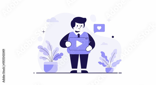 Cheerful person holding a tablet with a play button, heart icon above