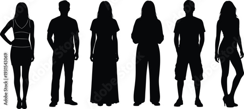 Black silhouette group of seven diverse young people standing in row, mixed gender casual fashion poses, modern youth community vector illustration