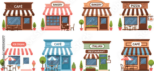 Cute Small Cafe and Restaurant Storefront Collection with Bakery and Pizzeria Shop Facades Cartoon Vector Illustration Set