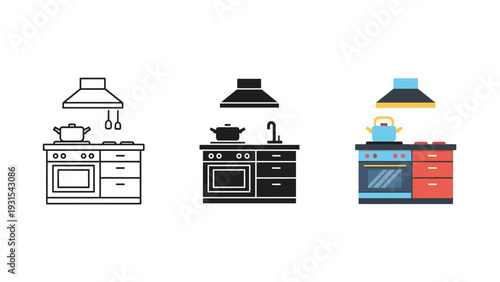 Three kitchen ranges with hoods in different colors and styles Vector