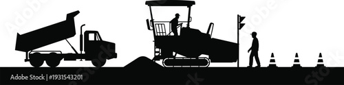 Road construction site silhouette with asphalt paver, dump truck and workers, highway repair and infrastructure development vector illustration isolated on white background