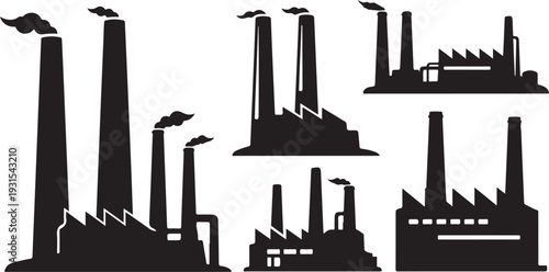 Industrial Cityscape Silhouettes with Smoking Factory Chimneys and Buildings