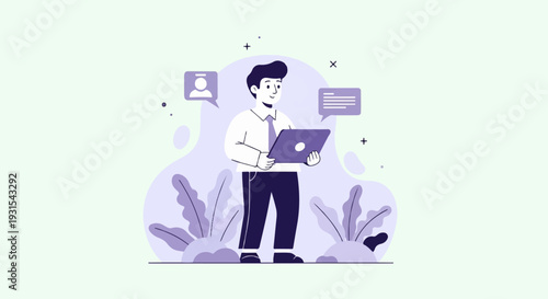 Man with laptop, plant decor, chat bubbles