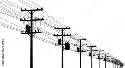 Silhouette of power line poles with transformers and overhead cables, electricity distribution network isolated on white background for energy infrastructure design