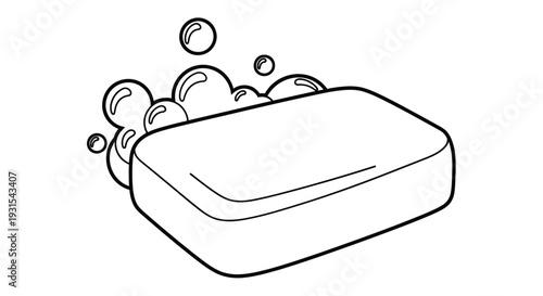 Simple line drawing of a bar of soap with floating bubbles above it