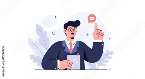 A man in a suit and tie points upward, an email icon floats above his finger
