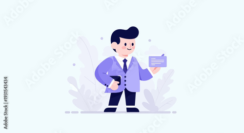 Cartoon man in purple suit holding a card, surrounded by stylized foliage