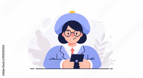 A stylized woman in a beret and suit holding a tablet, with abstract plants