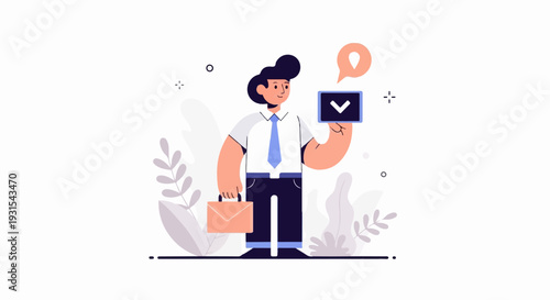 A stylized businessman in a suit holds a tablet with a checkmark, a briefcase at his side