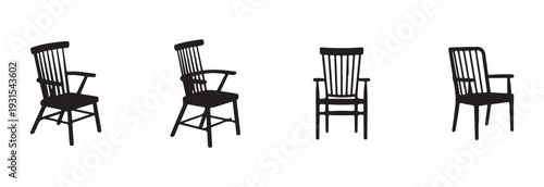 Traditional windsor chair silhouettes set displaying high spindle backs and armrests from multiple angles for vintage furniture design