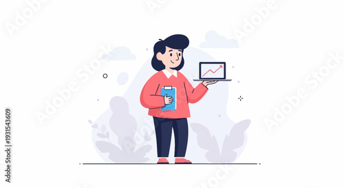 Person holding laptop displaying an upward trending graph and a clipboard