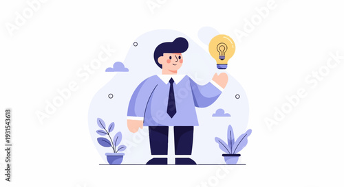 A man in business attire holds a glowing lightbulb, representing a new idea or insight