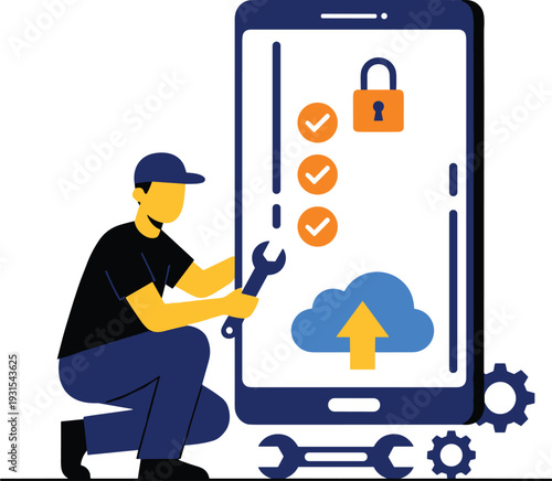 Vector illustration of a technician securing a mobile phone
