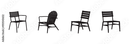 Arrangement of exterior seating furniture silhouettes featuring horizontal slat designs modern metal frames and the classic adirondack seat