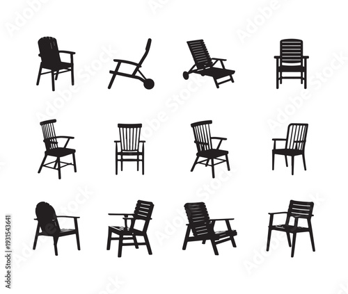 Collection of twelve different stylish outdoor and indoor chair silhouettes perfect for furniture design and web icon sets