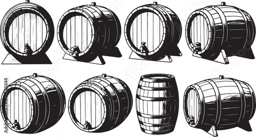 Illustration of various wooden barrel designs and styles shown