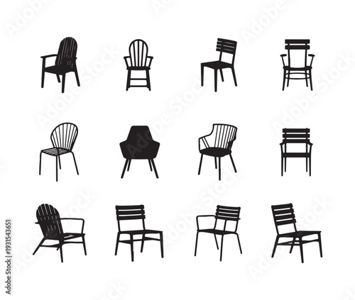 Comprehensive set of black silhouettes depicting twelve different modern and classic interior and exterior chair furniture vector icons