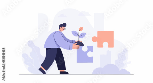 Person holding a sapling near puzzle pieces in a stylized setting