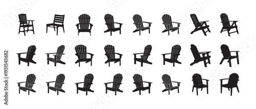 Extensive adirondack chair silhouette collection showing various views and angles of popular wooden outdoor patio furniture vector icons