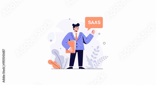 A man in a suit holds a folder, with 'SAAS' in a speech bubble above him