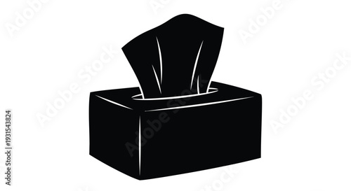 Black and white illustration of a facial tissue box with pulled tissues