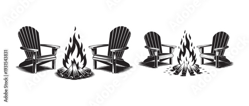 Two pairs of adirondack chairs positioned next to roaring campfires vintage woodcut style illustration perfect for summer vacation themes
