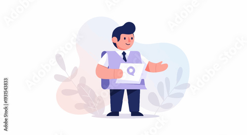 Flat character in business attire presents a document with a question mark icon
