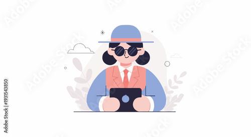 A stylized illustration of a person in a hat and sunglasses holding a tablet