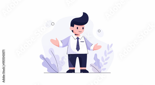 A friendly animated man in business attire stands with open arms amidst abstract shapes and foliage
