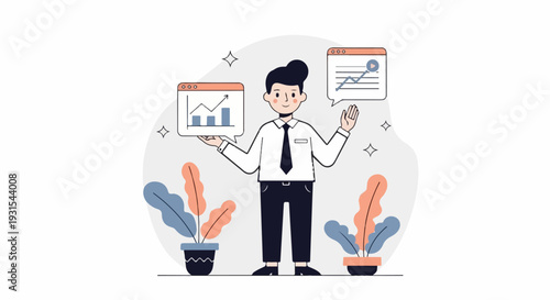 Animated man in a white shirt and tie holds up charts, with plants