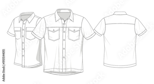 technical fashion flat sketch of a short sleeve button up utility shirt with front side and back views.