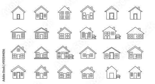 various house line icons illustrating different residential buildings and homes perfect for real estate web design and app development.